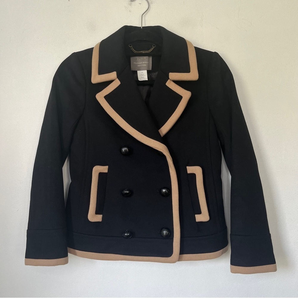 J. Crew Peacoat Wool by Nello Gori Size P2 Double Breasted Black Tan Trim